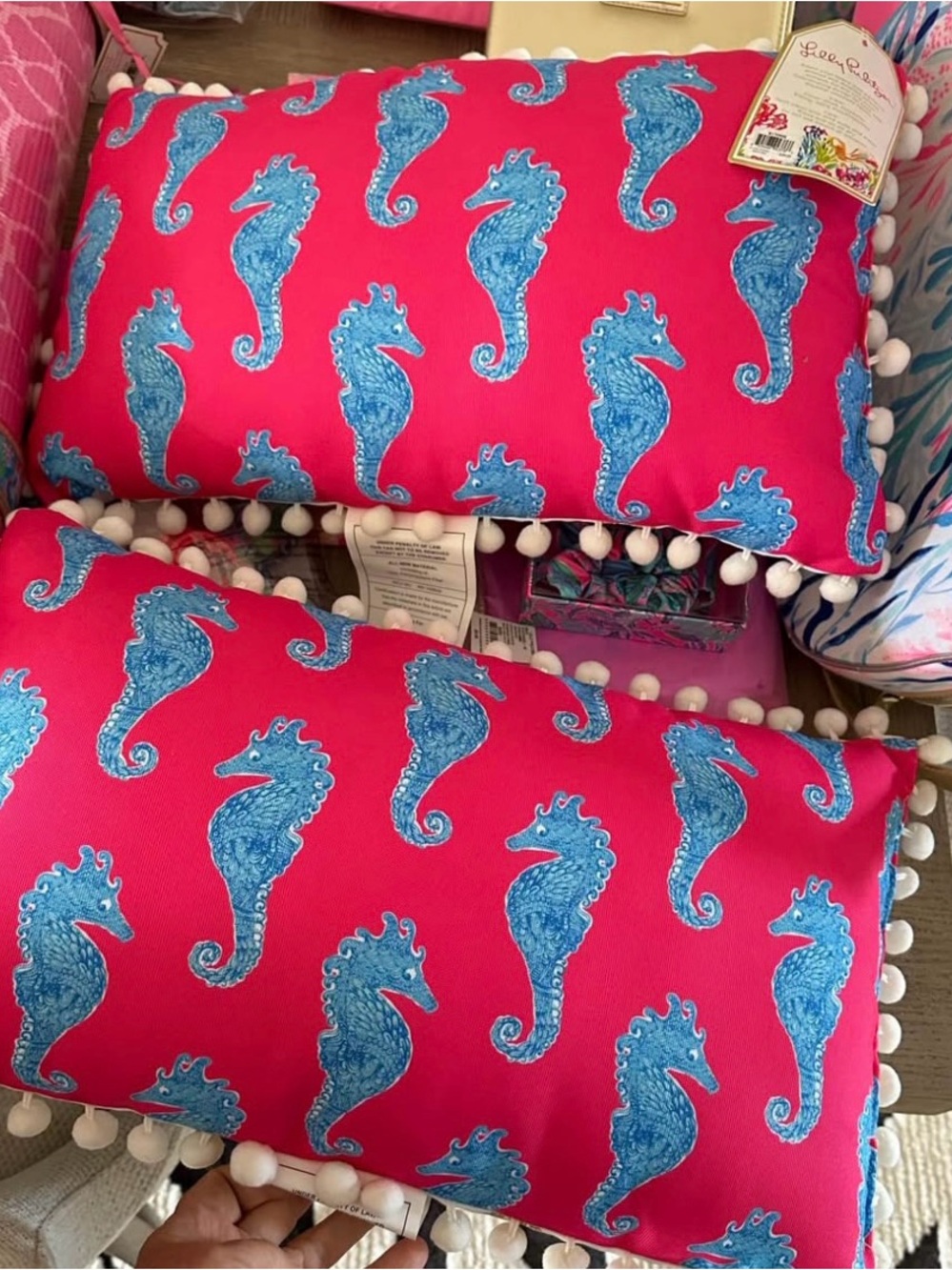 Lilly Pulitzer Hot Pink Pillow with Blue Seahorse Print and White Pom-Pom Trim